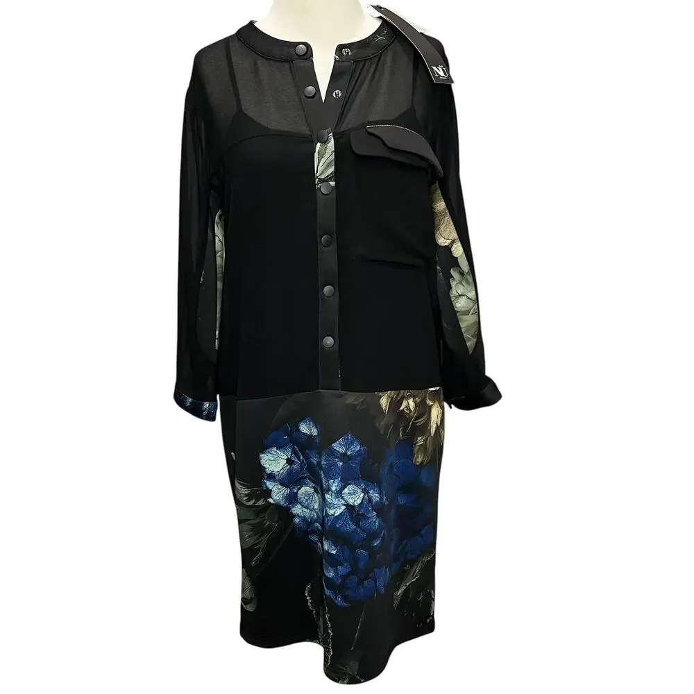 NU Denmark Dress Womens XS Black Blue Floral Sheer Button Romantic Goth Boho NEW